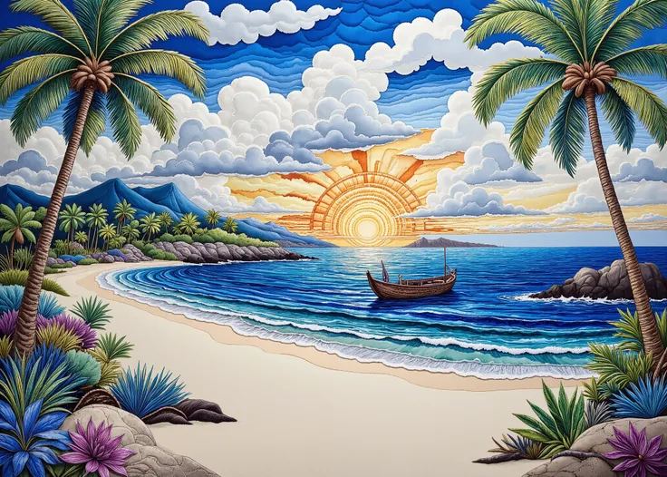 masterpiece, best composition, top quality, Patchwork Quilt World, handmade style, high resolution image、shot with a wide angle lens、Mysterious Seas in Southeast Asia、Endless horizon 、Sunset Over the Horizon、Blue sky turning orange、clear cobalt blue ocean...