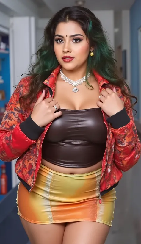 Angelawhitein a color full short jacket,((Tube top )),(colorful tight miniskirt),((latex costume)),,, showing her chest, ((Bimbo)) black and green mixd hair half body,wide curvy hourglass hips, thick thighs,wine red lips, looking at viewer,