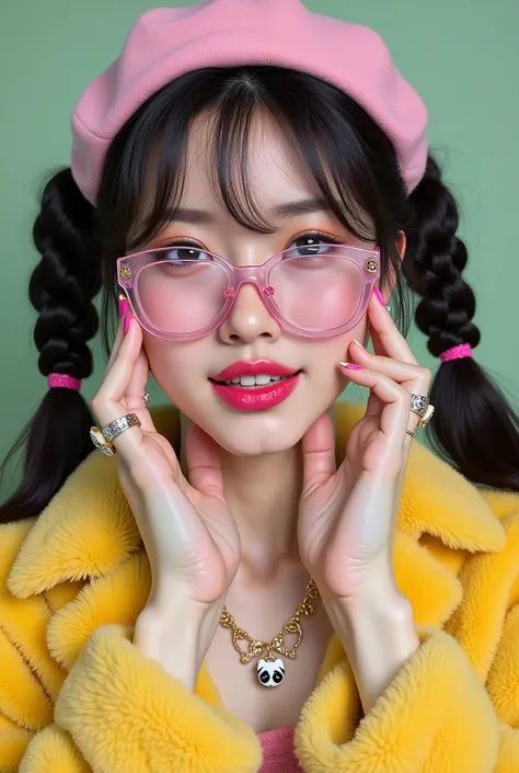 (highest quality,4K,8K,High resolution,masterpiece:1.2),Super detailed, "A highly detailed and colorful portrait of a young woman with a playful and fashionable look. She has large, expressive blue eyes and wears oversized pink glasses with transparent fra...