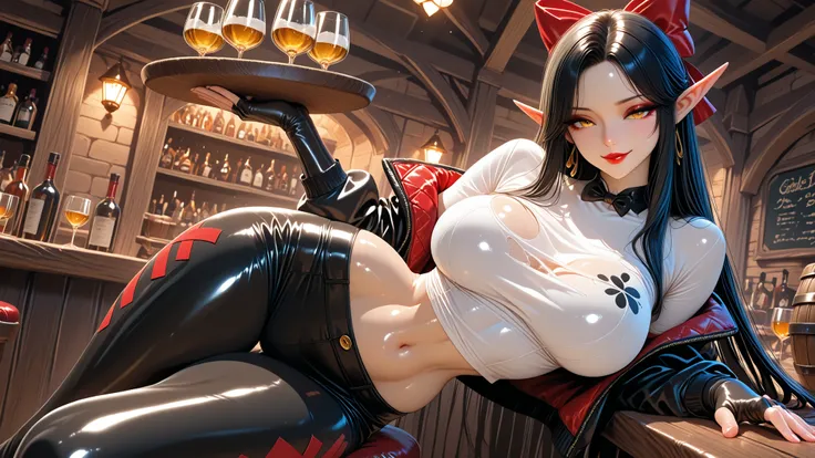 solo , beautiful woman  , black hair、 , golden eyes, Classy, super realistic skin, shiny skin , eyeliner and eyeshadow , sexy red lips, seductive smiling face , long straight hair、Lashes  、slim 、big breasts、balanced body, long legs , the red bow in front o...