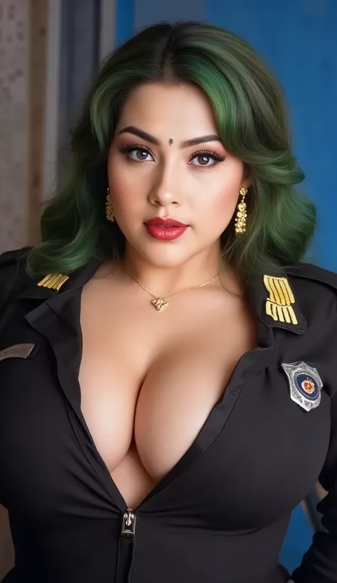Angelawhitein a  latex police uniform , red lipstick, slut, milf, serious face, full slim body, Breasts, Thick boob, deep cleavage, Earrings, nose ring, wallpaper blue ,,, showing her chest, ((Bimbo)) black and green mixd hair half body,wide curvy hourglas...