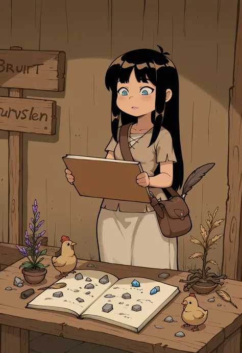 Trixie Tang, tall, slender, small breasts, huge hips, long straight black hair, blue eyes, lavender makeup, Arrows on the eyes, pink lips.| Medieval village at sunrise, young scholar RepoChi on a knowledge adventure, non‑transparent rustic attire (long lin...