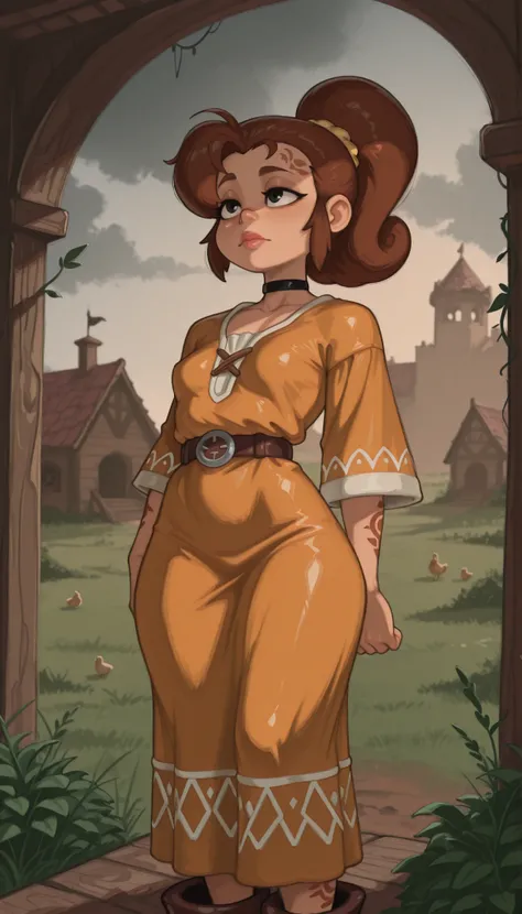 Luan Loud. small breasts, medium hips, slender body, brown hair ponytail, hair tie, long hair, black eyes. pink lips, choker . | Medieval beginner’s village at dusk, stern village chief in command, non‑transparent rustic attire (long coarse skirt, oversiz...