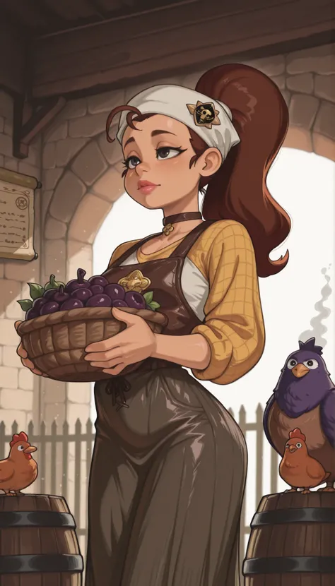 Luan Loud. small breasts, medium hips, slender body, brown hair ponytail, hair tie, long hair, black eyes. pink lips, choker . | Medieval winemaking estate at golden hour, family of three (elder, adult, child) tending to vineyard and cellar, non‑transpare...