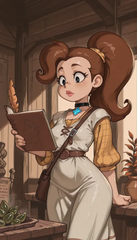 Luan Loud. small breasts, medium hips, slender body, brown hair ponytail, hair tie, long hair, black eyes. pink lips, choker . | Medieval village at sunrise, young scholar RepoChi on a knowledge adventure, non‑transparent rustic attire (long linen skirt, ...