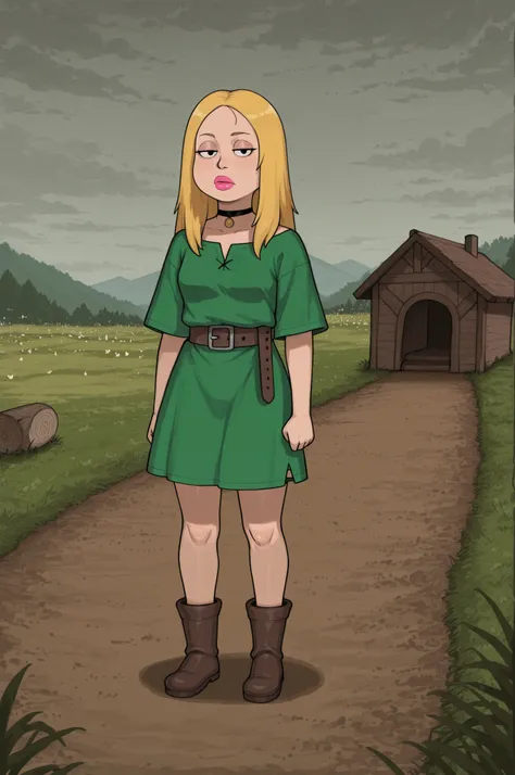 Francine Smith, looking at viewer, pink lipstick, choker, Blonde hair, small breasts. long hair. blonde hair, |  Medieval beginner’s village at dusk, stern village chief in command, non‑transparent rustic attire (long coarse skirt, oversized tunic, leather...