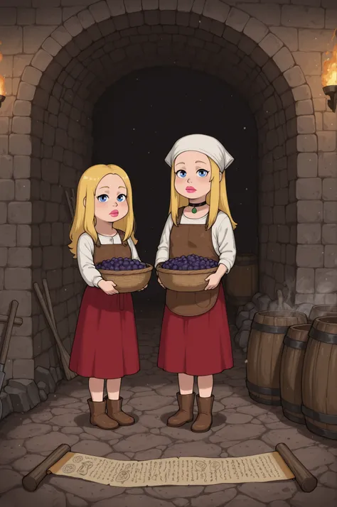 Francine Smith, looking at viewer, pink lipstick, choker, Blonde hair, small breasts. long hair. blonde hair, |  Medieval winemaking estate at golden hour, family of three (elder, adult, child) tending to vineyard and cellar, non‑transparent rustic garment...