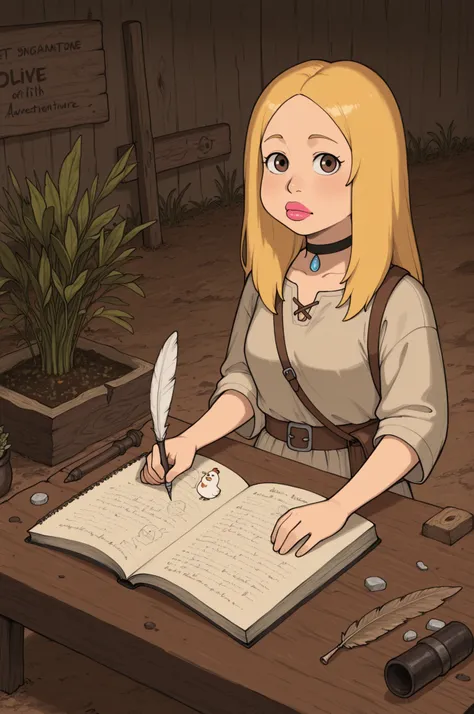 Francine Smith, looking at viewer, pink lipstick, choker, Blonde hair, small breasts. long hair. blonde hair, |  Medieval village at sunrise, young scholar RepoChi on a knowledge adventure, non‑transparent rustic attire (long linen skirt, oversized woolen ...