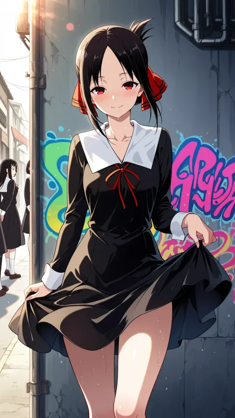 BREAK (masterpiece:1.2),highly detailed realistic anime background, narrow urban alley, daylight scene with wet reflective asphalt, colorful graffiti on concrete walls, small puddles with bright sky reflections, metallic pipes and vents, warm sunlight brea...