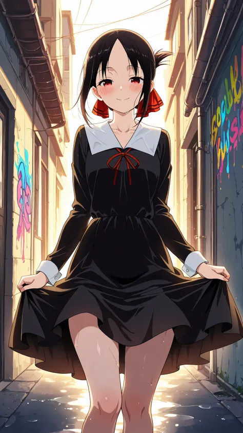 BREAK (masterpiece:1.2),highly detailed realistic anime background, narrow urban alley, daylight scene with wet reflective asphalt, colorful graffiti on concrete walls, small puddles with bright sky reflections, metallic pipes and vents, warm sunlight brea...