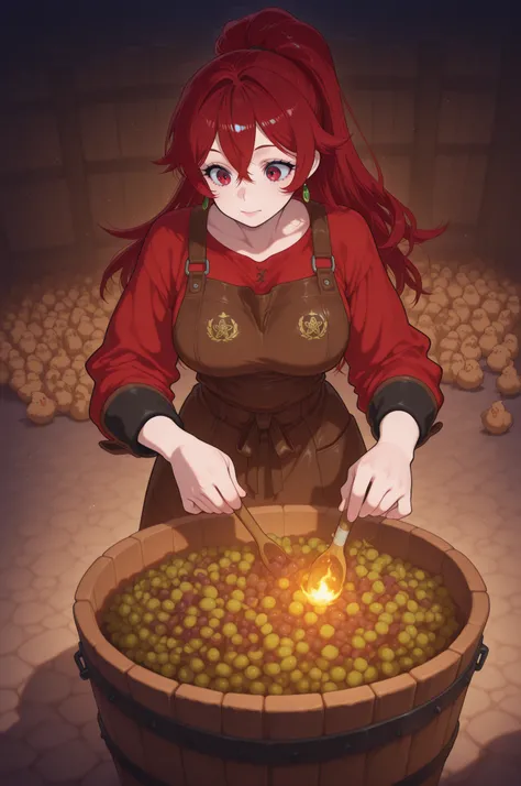 Akemi Aizawa, long hair, ponytail, fringe, red hair, large breasts, earrings, pink lips , fire red eyes, muscle body, | Medieval winemaking estate at golden hour, family of three (elder, adult, child) tending to vineyard and cellar, non‑transparent rustic...