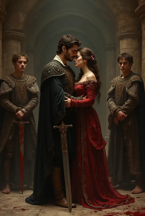 medieval style vintage effect. in a large stone room, un giovane uomo, sumptuously dressed and with a sword at her side, embraces a young woman dressed in rich medieval clothing. on the sides there are two other sumptuously dressed young men holding bloody...
