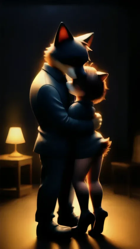 cool dog guy、sexy dog woman、couple、Hug、dark room