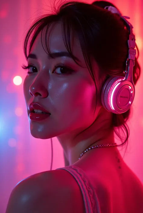 (masterpiece, best quality, ultra-detailed, photorealistic style, cinematic lighting), a beauty photoshoot of a stunning asian model, dramatic side profile pose, head slightly lowered, sharp contrast of light and shadow across the cheek and neck, artistic ...