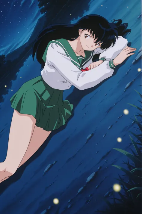 Higurashi kagome \(inuyasha\), solo, sexy curvy body, masterpiece, 16K resolution, perfect anatomy, seductive pose, erotic, attention to detail, (dynamic angle), detailed background, under night sky, falling stars, beautiful night sky on bank of the rive...
