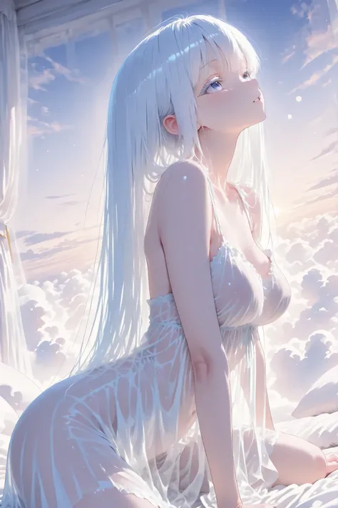 aria, white hair, white eyelashes, see through clothing, dreamy atmosphere, Lying on top of the clouds
