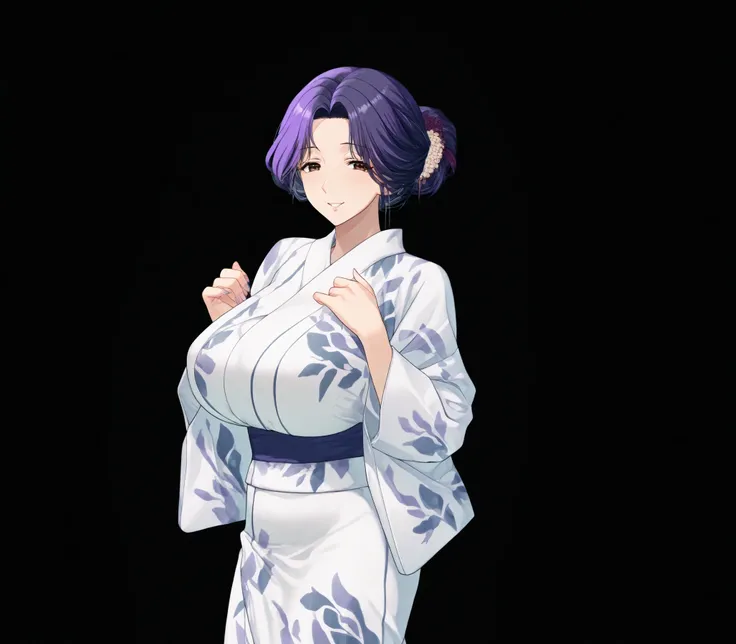 Miyuri, 1girl, huge breasts, (purple hair:1.5), white yukata, brown eyes, (MILF:1.3), slim waist, (smiling:1.2), standing