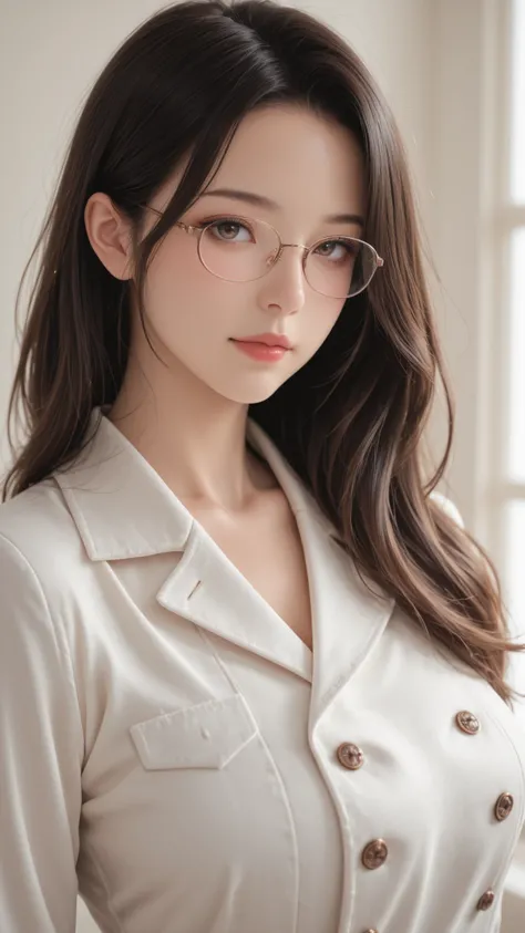 masterpiece, top quality, great quality,1人のmatureの下の円, solo, 35 years old, mature, bust up,Glasses,small breasted