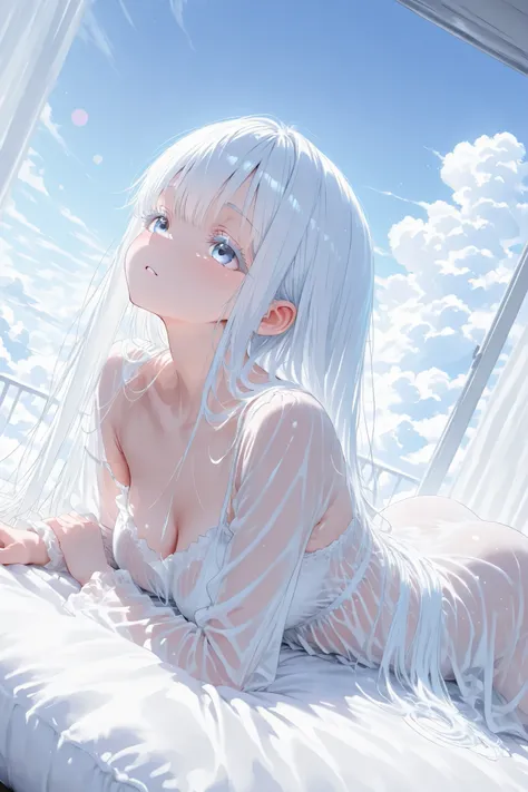 aria, white hair, white eyelashes, see through clothing, dreamy atmosphere, Lying on top of the clouds