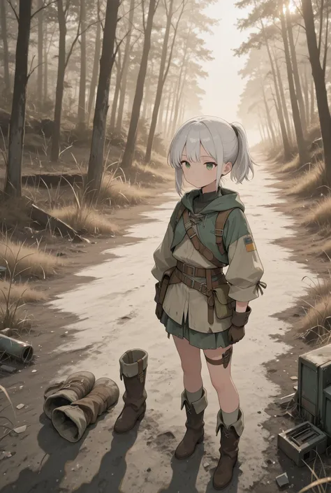 A cute and slightly mature-looking teenage girl with white hair in a ponytail, green eyes, calm and introspective expression, wearing rugged but practical survival clothes suitable for a post-apocalyptic world, standing cautiously in a desolate landscape, ...
