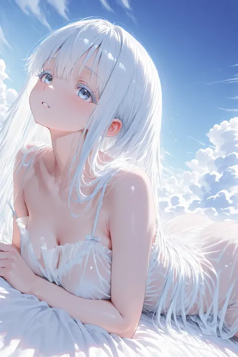 aria, white hair, white eyelashes, see through clothing, dreamy atmosphere, Lying on top of the clouds