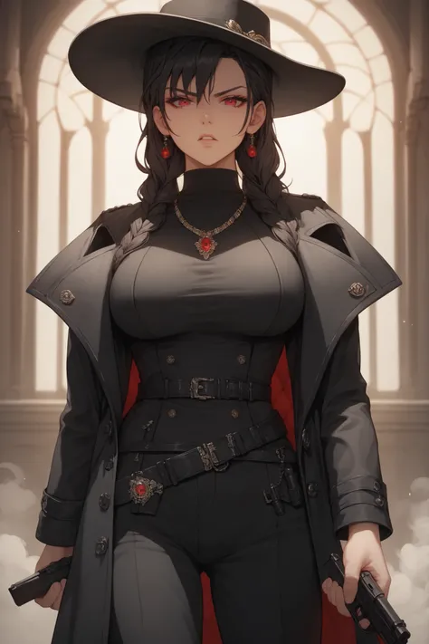 1girl, solo, perfect, masterpiece, best quality, middle age, adult, medium shot, front view, looking at viewer, stern serious annoyed parted lips, large breasts,  red eyes, black hair, braided, long hair, black formal hat, necklace, black trench coat, blac...
