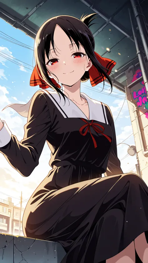 BREAK (masterpiece:1.2),highly detailed realistic anime background, narrow urban alley, daylight scene with wet reflective asphalt, colorful graffiti on concrete walls, small puddles with bright sky reflections, metallic pipes and vents, warm sunlight brea...