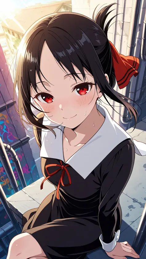 BREAK (masterpiece:1.2),highly detailed realistic anime background, narrow urban alley, daylight scene with wet reflective asphalt, colorful graffiti on concrete walls, small puddles with bright sky reflections, metallic pipes and vents, warm sunlight brea...