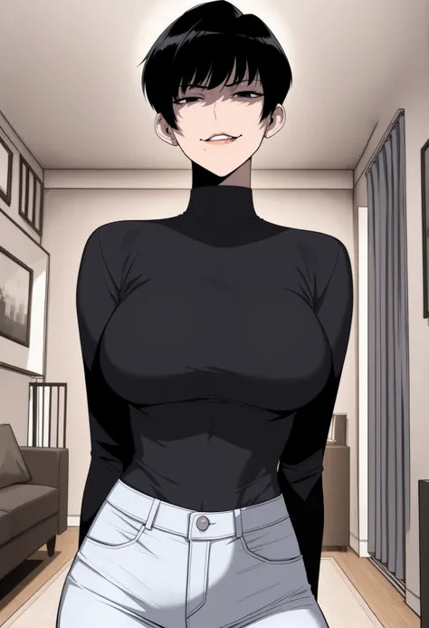 1girl, solo, perfect, best quality, masterpiece, middle age adult, milf, top view, medium shot, looking at viewer, evil smirk parted lips, large breasts, black hair, tomboy haircut very short hair, black eyes, lip gloss, slim waist, black turtleneck shirt,...