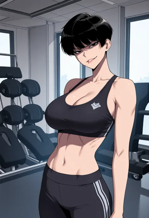 1girl, solo, perfect, best quality, masterpiece, middle age adult, milf, top view, medium shot, looking at viewer, evil smirk parted lips, large breasts, black hair, tomboy haircut very short hair, black eyes, lip gloss, slim waist, cleavage, sports bra, b...