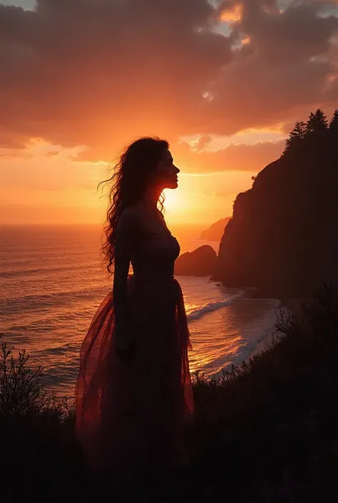 haute qualité, Ultra HD 8K, Une belle double exposition qui combine une silhouette de déesse avec une côte au coucher du soleil, la côte au coucher du soleil servant de toile de fond sous-jacente, avec ses détails intégrés à la déesse, lignes nettes, Le fo...