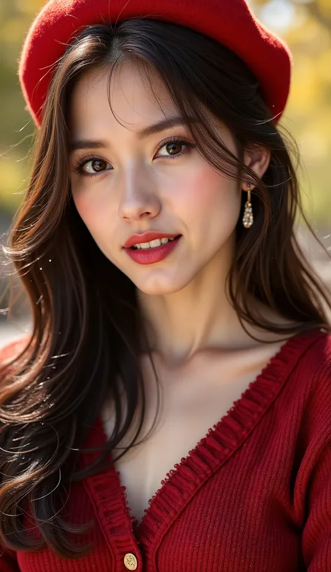 
A **highly detailed, photorealistic close-up portrait** of a **beautiful young woman** with **long, wavy, rich brown hair** flowing over her shoulders. She has a **clear, flawless complexion** and striking facial features, including **large, expressive da...