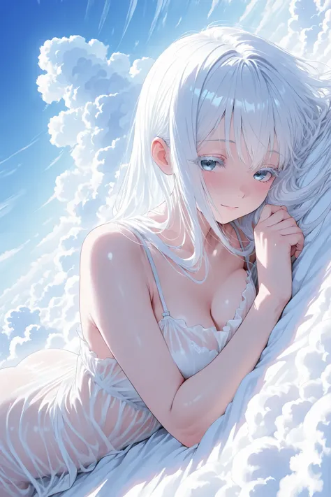 aria, white hair, white eyelashes, see through clothing, dreamy atmosphere, Lying on top of the clouds