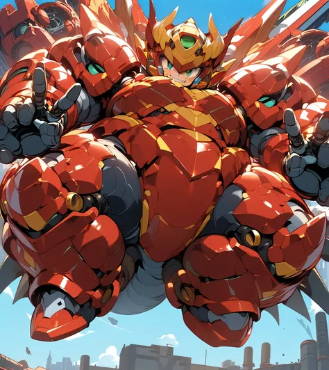 (((1 chibi boy in large robot costume, from below))), (smile face:1.5), (full helmet but open face area:2.0), (full helmet:2.0), 1boy, male child, (chibi), (bulky:1.8), (megaman face:1.5), (mechanical parts:1.3), (full dragonic armor:1.8), (mecha armor:1.8...