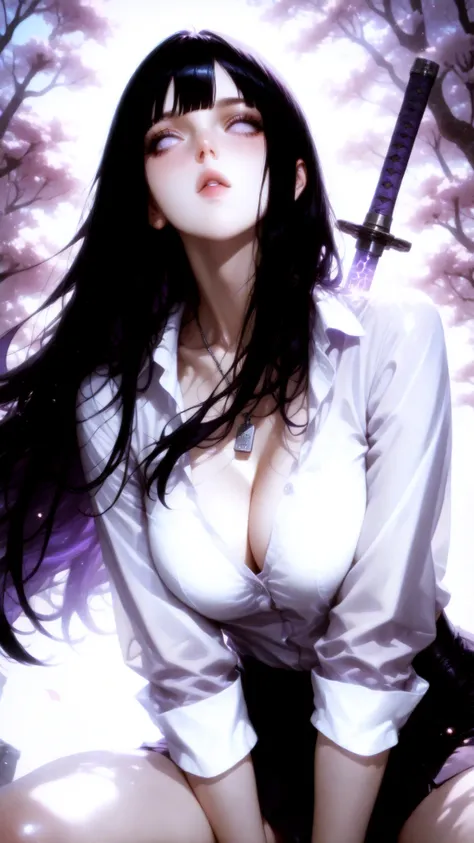 (((dynamic action pose,)))back to the viewer and looking away, Low angle forced perspective (1.4), Beautiful girl with long flowing black hair, with bangs, large breasts with prominent cleavage, Slender and graceful body, pale lavender eyes without pupils"...