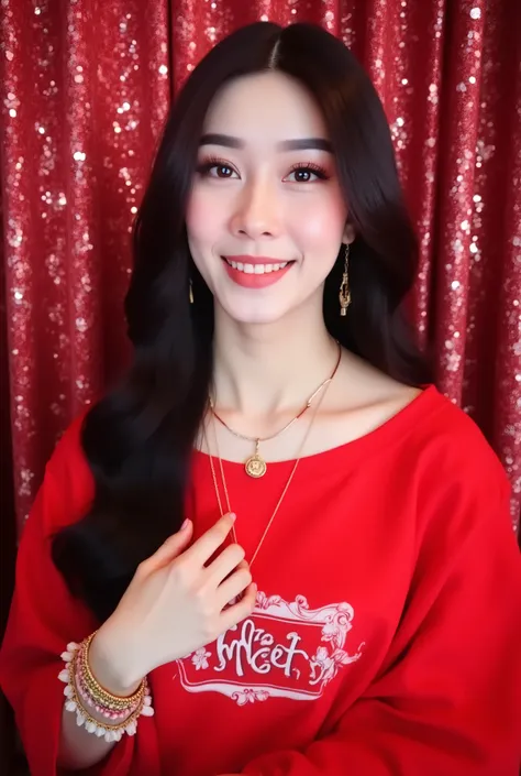 ( masterpiece : 1.2, best quality), realistic , ( realistic Picture, Complex detail , depth of field), best quality, masterpiece , is very detailed, realistic , a korean hijab woman wearing Taylor Swift red clothes with a logo “sweety ” in her clot...