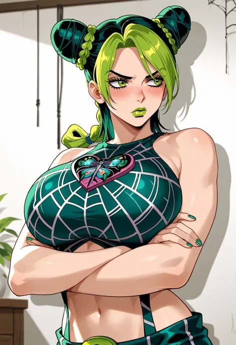 kjolyne, green eyes, two-tone hair, green hair, black hair, double bun, braided bun, braided ponytail, green lips, lipstick, make up, green nails, nail polish, spider web print, midriff, arms crossed, blush, big breasts, indoors, looking away, white walls