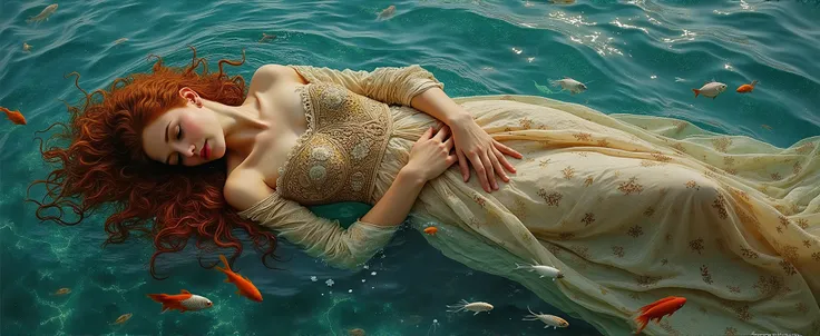 created a painting with oil painting with huge details , In the style of the artist Leonardo Davinci , The art of the era of European Renaissance , A fully detailed painting of a beautiful ( 28 years old) She wears a Kashmiri dress, lying on the sea l...