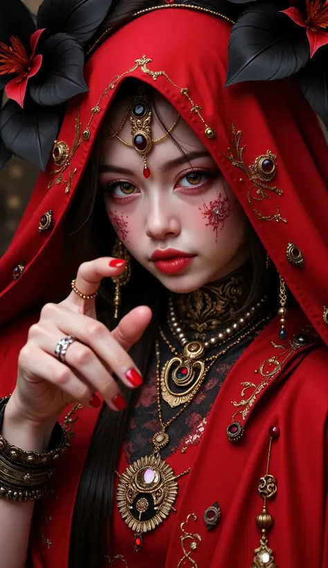 A woman wearing crimson red hijab, no hair visible, full of ornament, wearing a magnificent crimson red robe, beautiful eyes, different  eyes color, Facing the camera gracefully, one hand pointing camera, black Lily on the background. Creepy atmosphere, ma...
