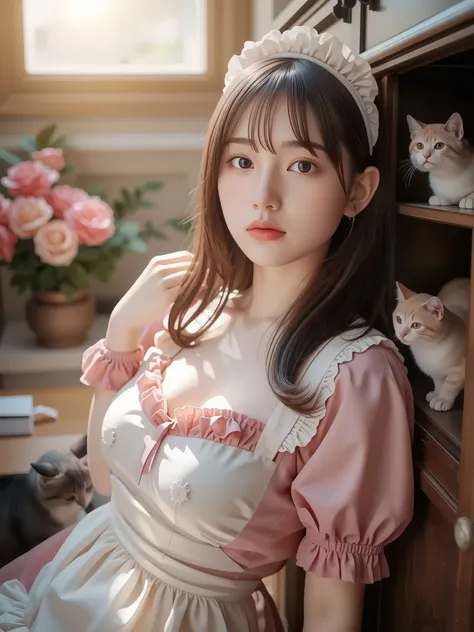 ultra-realistic, photorealistic, dramatic scene, shadow, global-illumination, solo, (young Japanese famous idol girl), very beautiful fragile Japanese girl, very beautiful with very cute face, (modern maid), (wearing a cute colored maid outfits with frills...