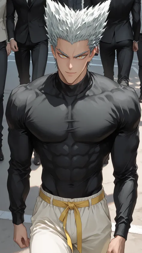 top quality underneath, very detailed illustration.
Garou (One Punch Man) Base male character.
rebellious short silver hair, Sharp golden eyes, Clear jawline and mature masculine beauty. The black top is illuminated so that it doesn't blend with the b...