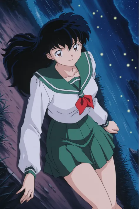 Higurashi kagome \(inuyasha\), solo, sexy curvy body, masterpiece, 16K resolution, perfect anatomy, seductive pose, erotic, attention to detail, (dynamic angle), detailed background, under night sky, falling stars, beautiful night sky on bank of the rive...
