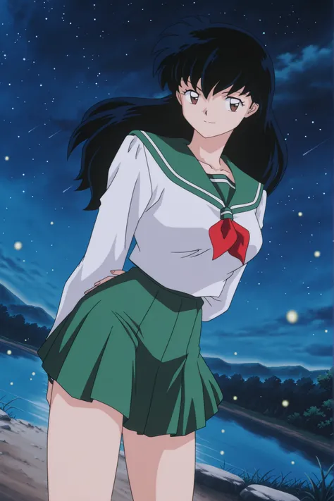 Higurashi kagome \(inuyasha\), solo, sexy curvy body, masterpiece, 16K resolution, perfect anatomy, seductive pose, erotic, attention to detail, (dynamic angle), detailed background, under night sky, falling stars, beautiful night sky on bank of the rive...