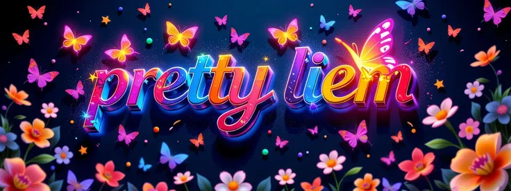 a detailed logo of the beautiful graffity text " Pretty Liem" And small display name at bottom right side written " follow here ", highly detailed,3d logo much butterfly flowers stardust rainbow ,dynamic,dramatic lighting,vibrant glowing colors in the dark...