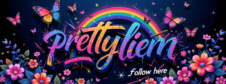 a detailed logo of the beautiful graffity text " Pretty Liem" And small display name at bottom right side written " follow here " Using white color , highly detailed,3d logo much butterfly flowers stardust rainbow ,dynamic,dramatic lighting,vibrant glowing...