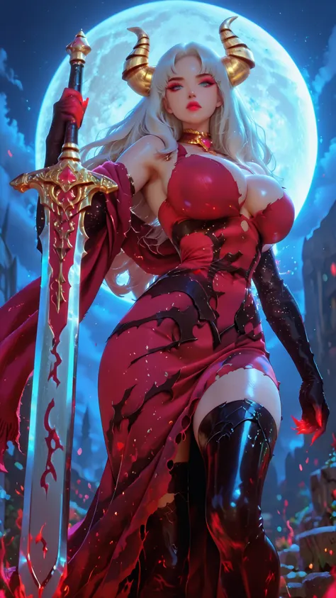 gold horns, tall collar, chest opening, long dress, torn hem, long sleeves, gradient pattern, red fingers, long sharp fingernails, black thigh high boots,, cutout above navel, white detached sleeves, white feather choker, red choker jewel, red dress bow, r...