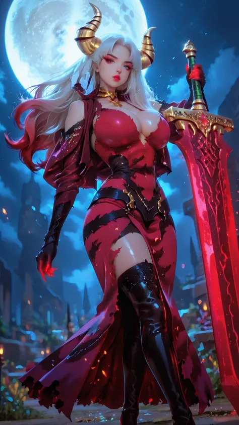 gold horns, tall collar, chest opening, long dress, torn hem, long sleeves, gradient pattern, red fingers, long sharp fingernails, black thigh high boots,, cutout above navel, white detached sleeves, white feather choker, red choker jewel, red dress bow, r...