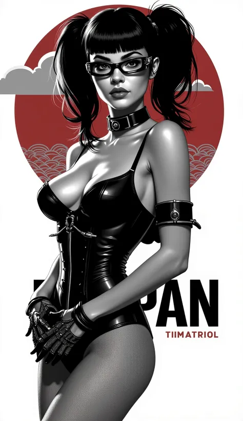 Vector illustration with minimal color palette of a striking female with pony tails, wearing futuristic glasses and wearing a form-fitting corset and high-collared choker, in a seductive pose