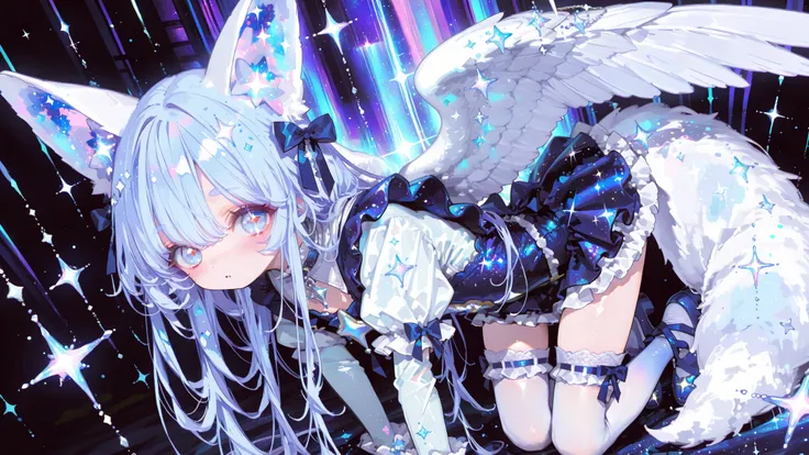 Loli, 13 years old, baby girl. Mahou shoujo, the little girl has light navy blue hair and sparkling light navy blue eyes, pure expression. Her long hair is loose, catches the tangled and textured. white fox ears, big white fox tail, Transparent Small Angel...