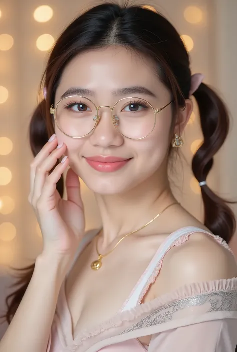 A hyper-realistic portrait of a beautiful asian glasses woman with fair, flawless skin and delicate facial features. She has bright, expressive blue-gray eyes with soft eyeliner and long lashes, perfectly shaped eyebrows, and natural pink lips with a subtl...